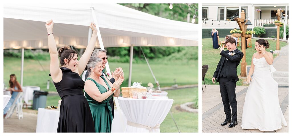 bride and groom get married at wedding venue tarry a while in bridgton maine. upscale luxury wedding with black tie groomsmen tuxes and black satin bridesmaid dresses, colorful flowers, summer maine wedding, lake, tent, outdoor dance floor, destination wedding