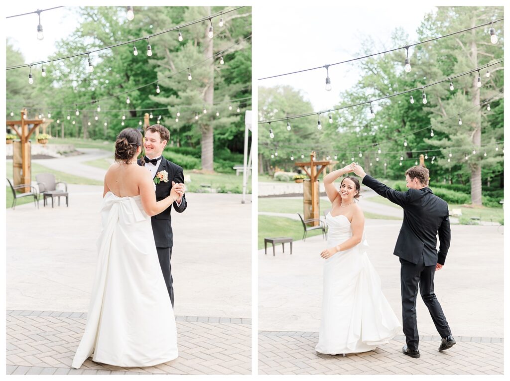 bride and groom get married at wedding venue tarry a while in bridgton maine. upscale luxury wedding with black tie groomsmen tuxes and black satin bridesmaid dresses, colorful flowers, summer maine wedding, lake, tent, outdoor dance floor, destination wedding