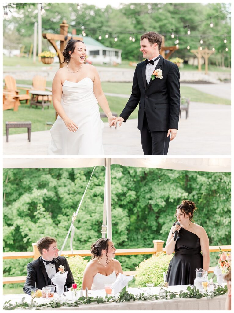 bride and groom get married at wedding venue tarry a while in bridgton maine. upscale luxury wedding with black tie groomsmen tuxes and black satin bridesmaid dresses, colorful flowers, summer maine wedding, lake, tent, outdoor dance floor, destination wedding