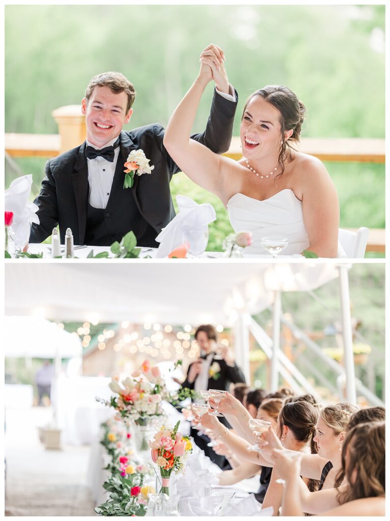 bride and groom get married at wedding venue tarry a while in bridgton maine. upscale luxury wedding with black tie groomsmen tuxes and black satin bridesmaid dresses, colorful flowers, summer maine wedding, lake, tent, outdoor dance floor, destination wedding