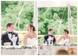 bride and groom get married at wedding venue tarry a while in bridgton maine. upscale luxury wedding with black tie groomsmen tuxes and black satin bridesmaid dresses, colorful flowers, summer maine wedding, lake, tent, outdoor dance floor, destination wedding