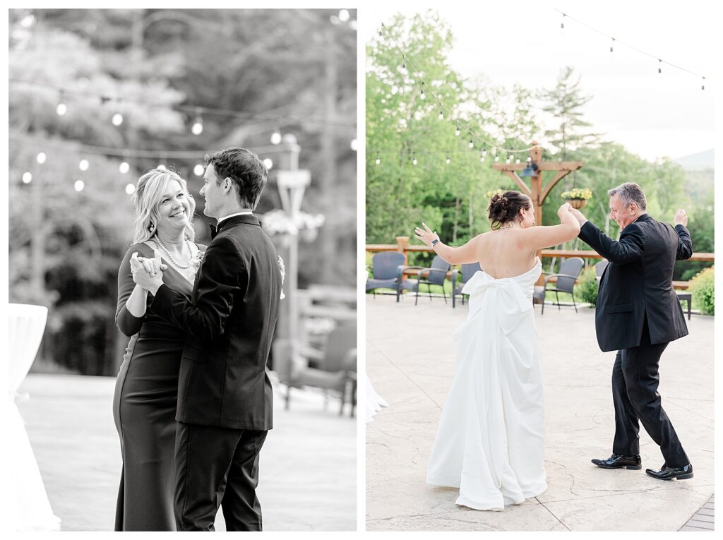 bride and groom get married at wedding venue tarry a while in bridgton maine. upscale luxury wedding with black tie groomsmen tuxes and black satin bridesmaid dresses, colorful flowers, summer maine wedding, lake, tent, outdoor dance floor, destination wedding