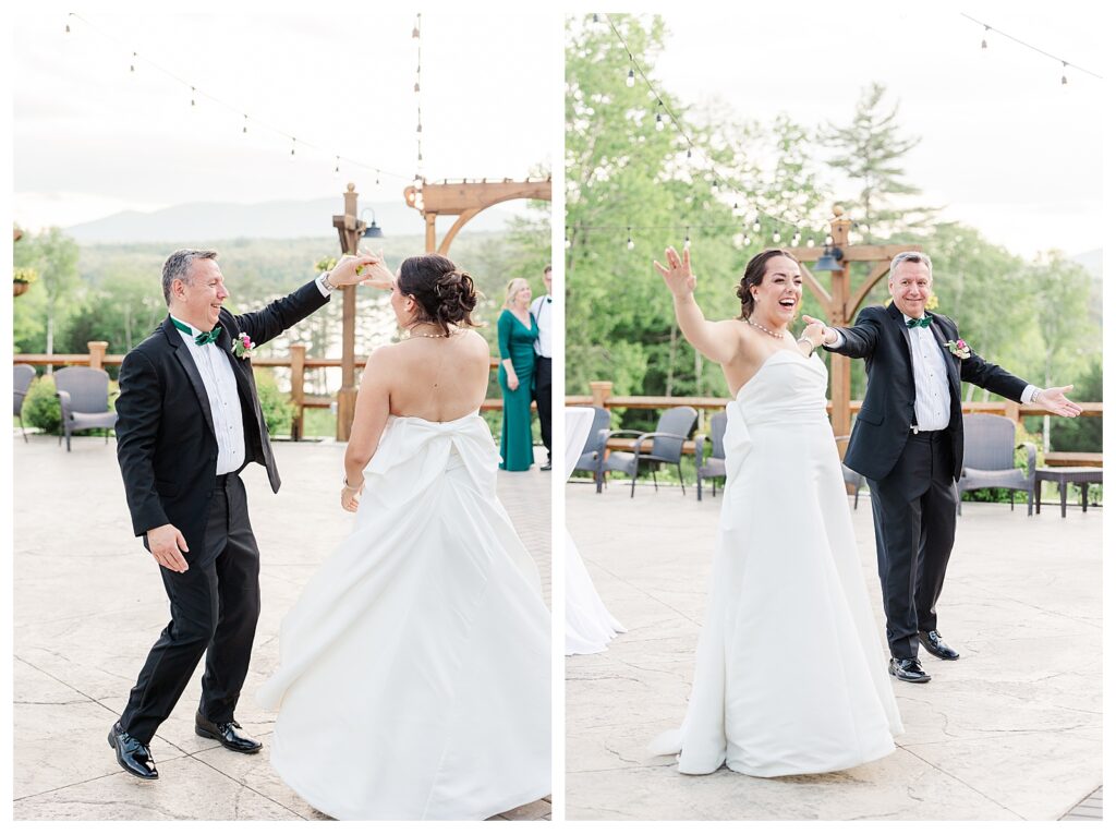 bride and groom get married at wedding venue tarry a while in bridgton maine. upscale luxury wedding with black tie groomsmen tuxes and black satin bridesmaid dresses, colorful flowers, summer maine wedding, lake, tent, outdoor dance floor, destination wedding