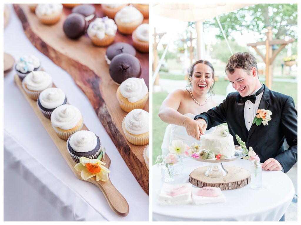 bride and groom get married at wedding venue tarry a while in bridgton maine. upscale luxury wedding with black tie groomsmen tuxes and black satin bridesmaid dresses, colorful flowers, summer maine wedding, lake, tent, outdoor dance floor, destination wedding