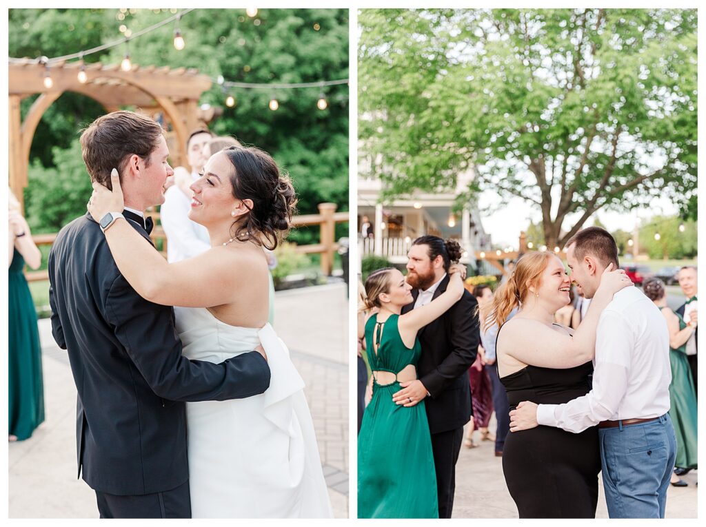 bride and groom get married at wedding venue tarry a while in bridgton maine. upscale luxury wedding with black tie groomsmen tuxes and black satin bridesmaid dresses, colorful flowers, summer maine wedding, lake, tent, outdoor dance floor, destination wedding