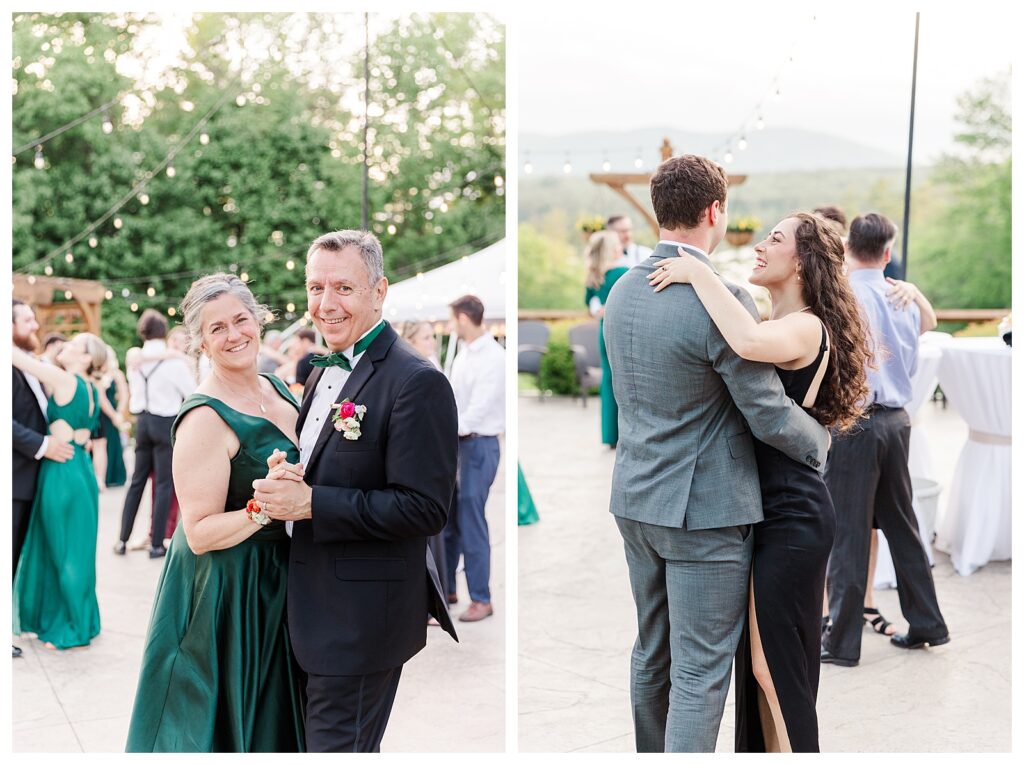 bride and groom get married at wedding venue tarry a while in bridgton maine. upscale luxury wedding with black tie groomsmen tuxes and black satin bridesmaid dresses, colorful flowers, summer maine wedding, lake, tent, outdoor dance floor, destination wedding