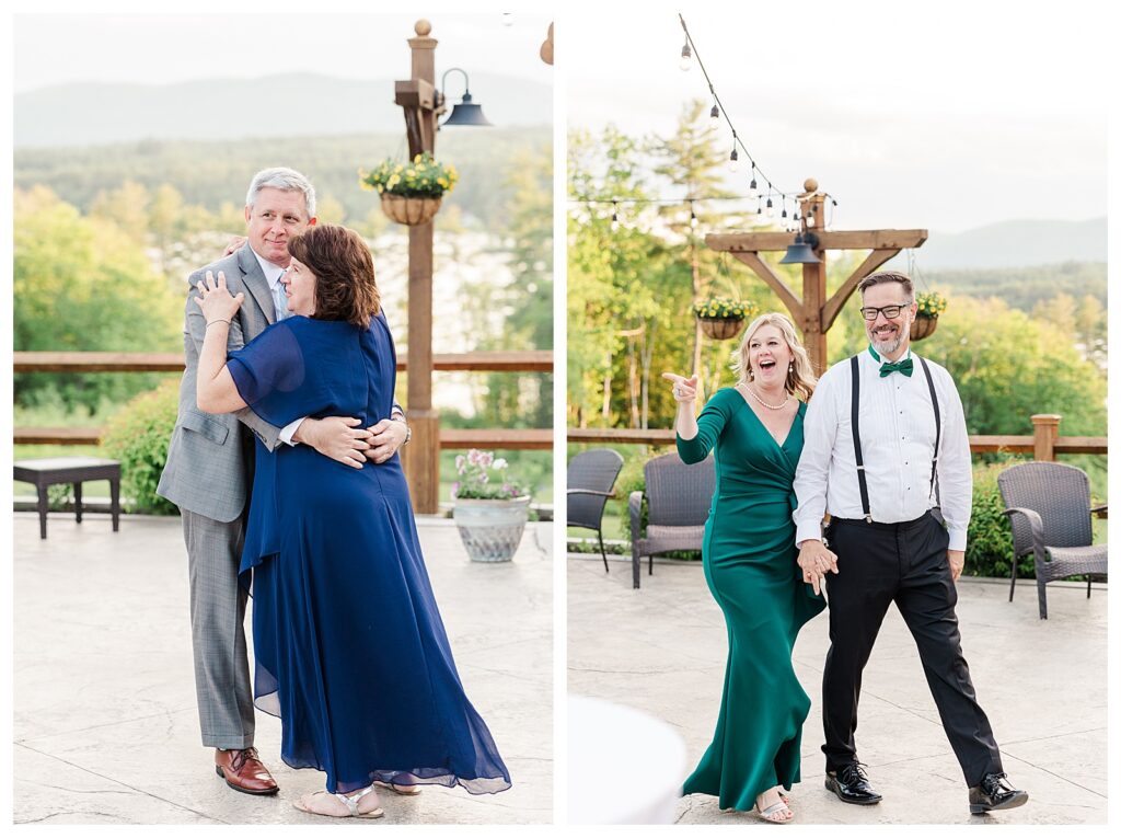 bride and groom get married at wedding venue tarry a while in bridgton maine. upscale luxury wedding with black tie groomsmen tuxes and black satin bridesmaid dresses, colorful flowers, summer maine wedding, lake, tent, outdoor dance floor, destination wedding