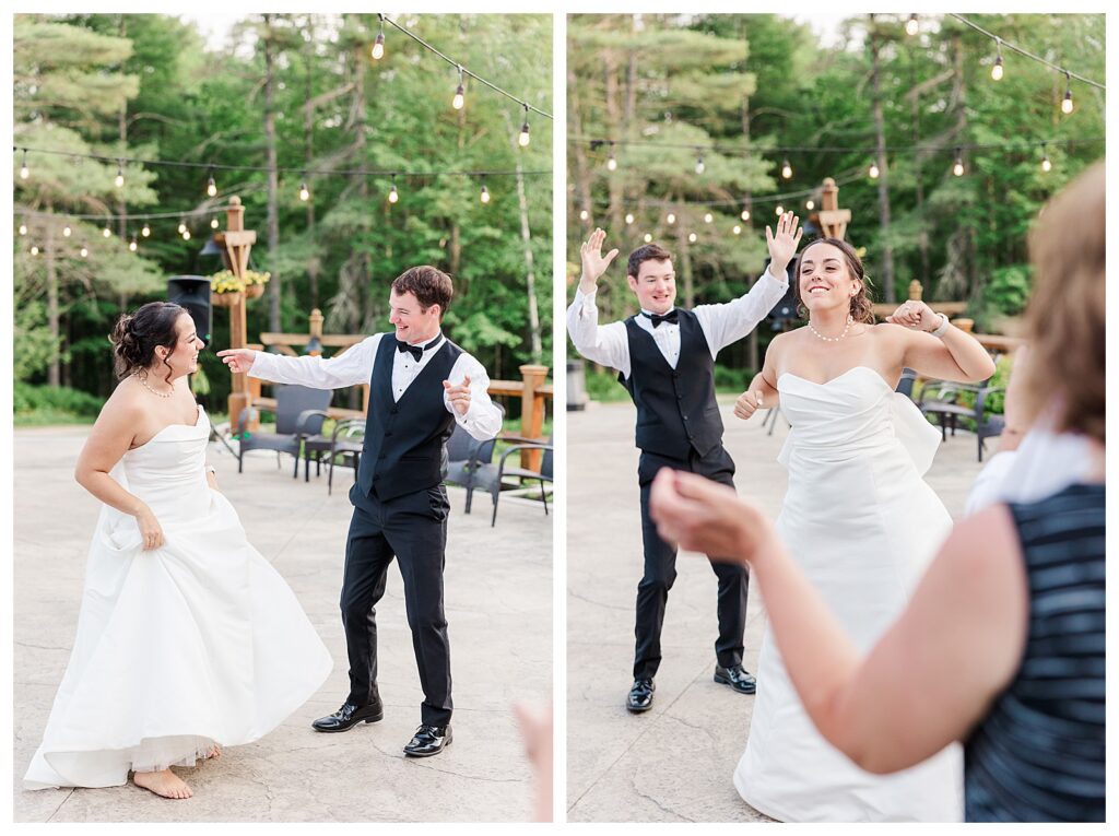 bride and groom get married at wedding venue tarry a while in bridgton maine. upscale luxury wedding with black tie groomsmen tuxes and black satin bridesmaid dresses, colorful flowers, summer maine wedding, lake, tent, outdoor dance floor, destination wedding