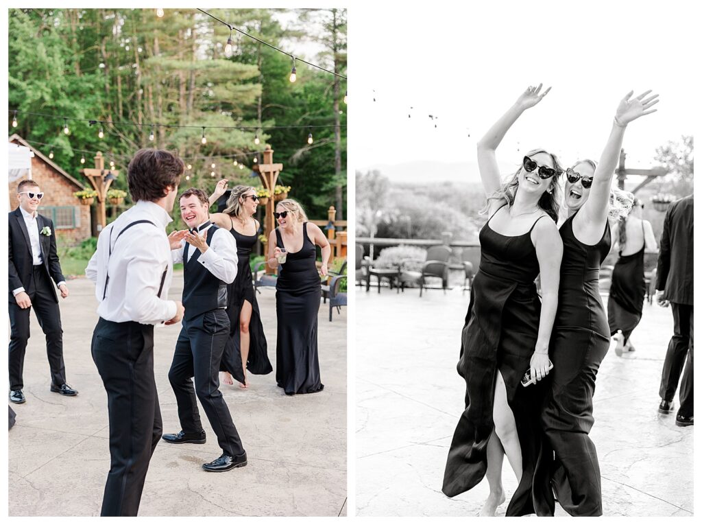 bride and groom get married at wedding venue tarry a while in bridgton maine. upscale luxury wedding with black tie groomsmen tuxes and black satin bridesmaid dresses, colorful flowers, summer maine wedding, lake, tent, outdoor dance floor, destination wedding