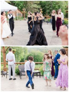 bride and groom get married at wedding venue tarry a while in bridgton maine. upscale luxury wedding with black tie groomsmen tuxes and black satin bridesmaid dresses, colorful flowers, summer maine wedding, lake, tent, outdoor dance floor, destination wedding