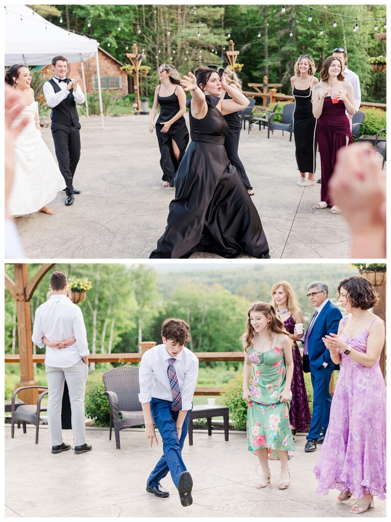 bride and groom get married at wedding venue tarry a while in bridgton maine. upscale luxury wedding with black tie groomsmen tuxes and black satin bridesmaid dresses, colorful flowers, summer maine wedding, lake, tent, outdoor dance floor, destination wedding