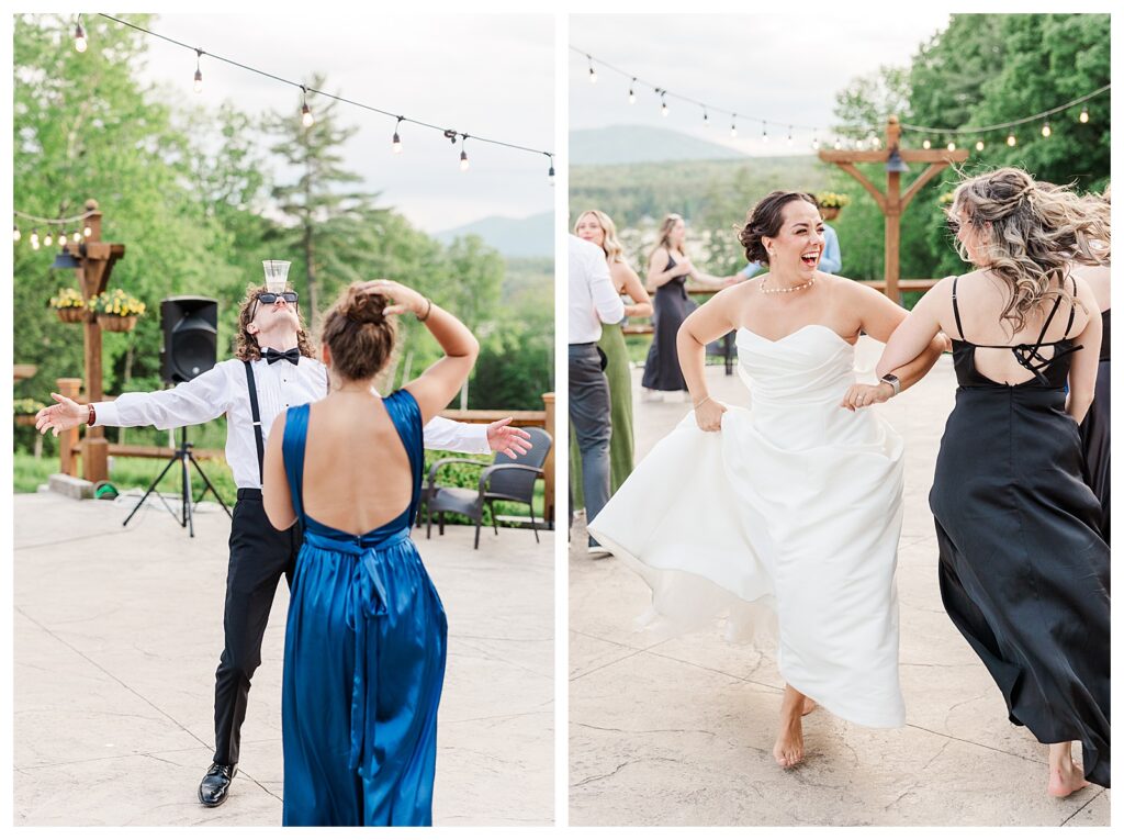 bride and groom get married at wedding venue tarry a while in bridgton maine. upscale luxury wedding with black tie groomsmen tuxes and black satin bridesmaid dresses, colorful flowers, summer maine wedding, lake, tent, outdoor dance floor, destination wedding