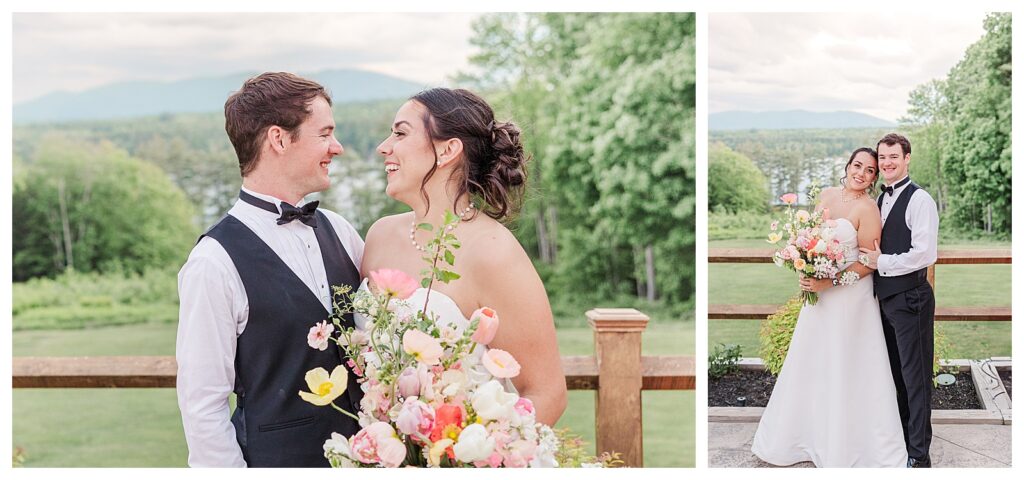 bride and groom get married at wedding venue tarry a while in bridgton maine. upscale luxury wedding with black tie groomsmen tuxes and black satin bridesmaid dresses, colorful flowers, summer maine wedding, lake, tent, outdoor dance floor, destination wedding