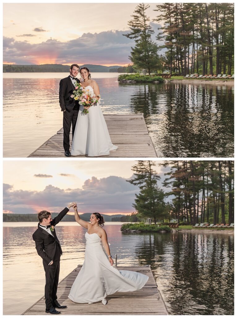 bride and groom get married at wedding venue tarry a while in bridgton maine. upscale luxury wedding with black tie groomsmen tuxes and black satin bridesmaid dresses, colorful flowers, summer maine wedding, lake, tent, outdoor dance floor, destination wedding