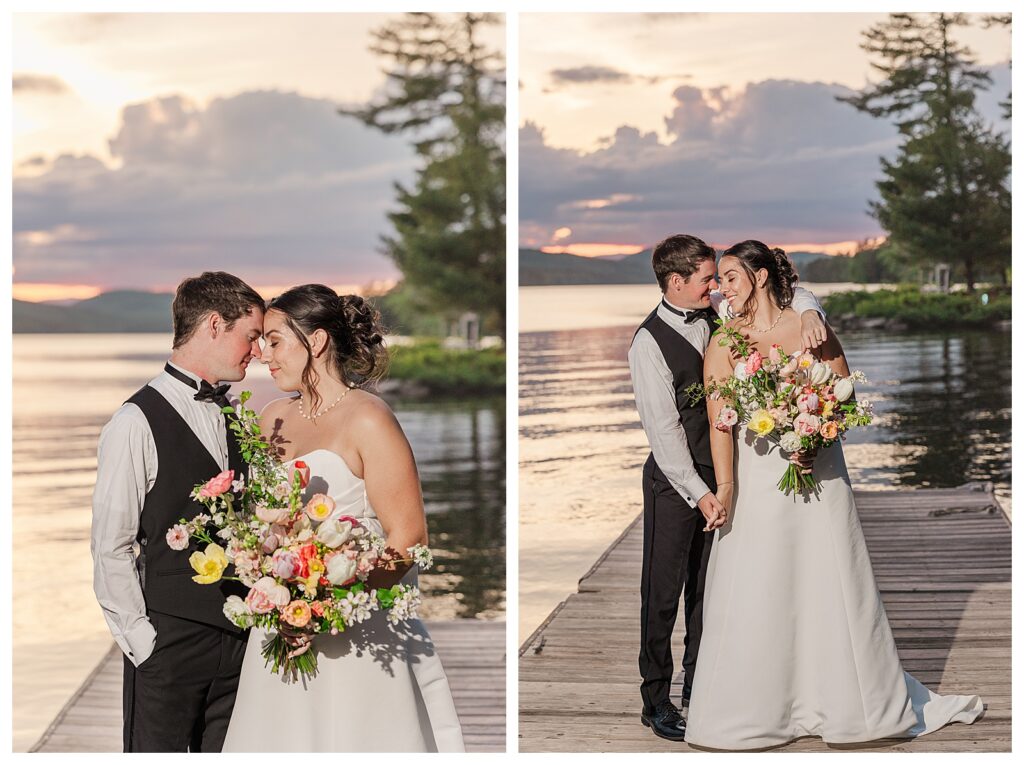 bride and groom get married at wedding venue tarry a while in bridgton maine. upscale luxury wedding with black tie groomsmen tuxes and black satin bridesmaid dresses, colorful flowers, summer maine wedding, lake, tent, outdoor dance floor, destination wedding