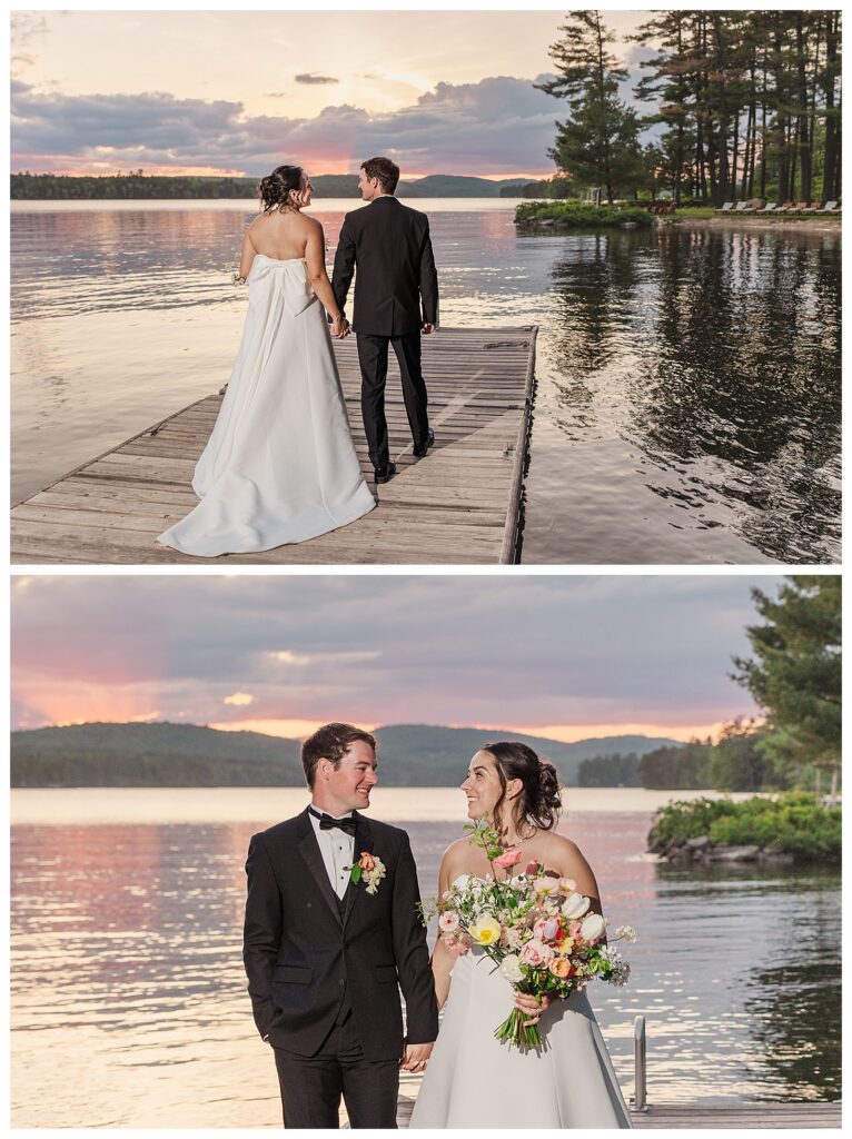 bride and groom get married at wedding venue tarry a while in bridgton maine. upscale luxury wedding with black tie groomsmen tuxes and black satin bridesmaid dresses, colorful flowers, summer maine wedding, lake, tent, outdoor dance floor, destination wedding