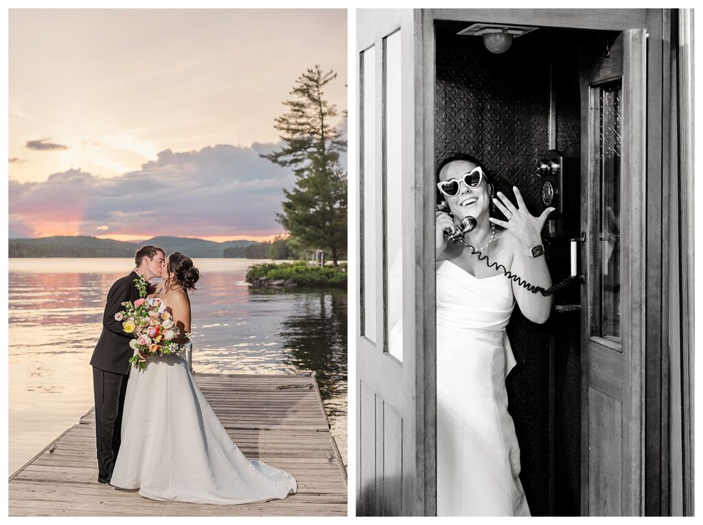 bride and groom get married at wedding venue tarry a while in bridgton maine. upscale luxury wedding with black tie groomsmen tuxes and black satin bridesmaid dresses, colorful flowers, summer maine wedding, lake, tent, outdoor dance floor, destination wedding